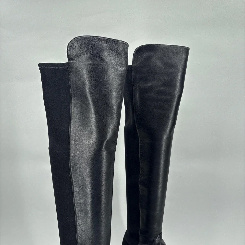 Stuart Weitzman Boots Womens Size 8.5 Black Lamb Leather Over Knee Block Heel